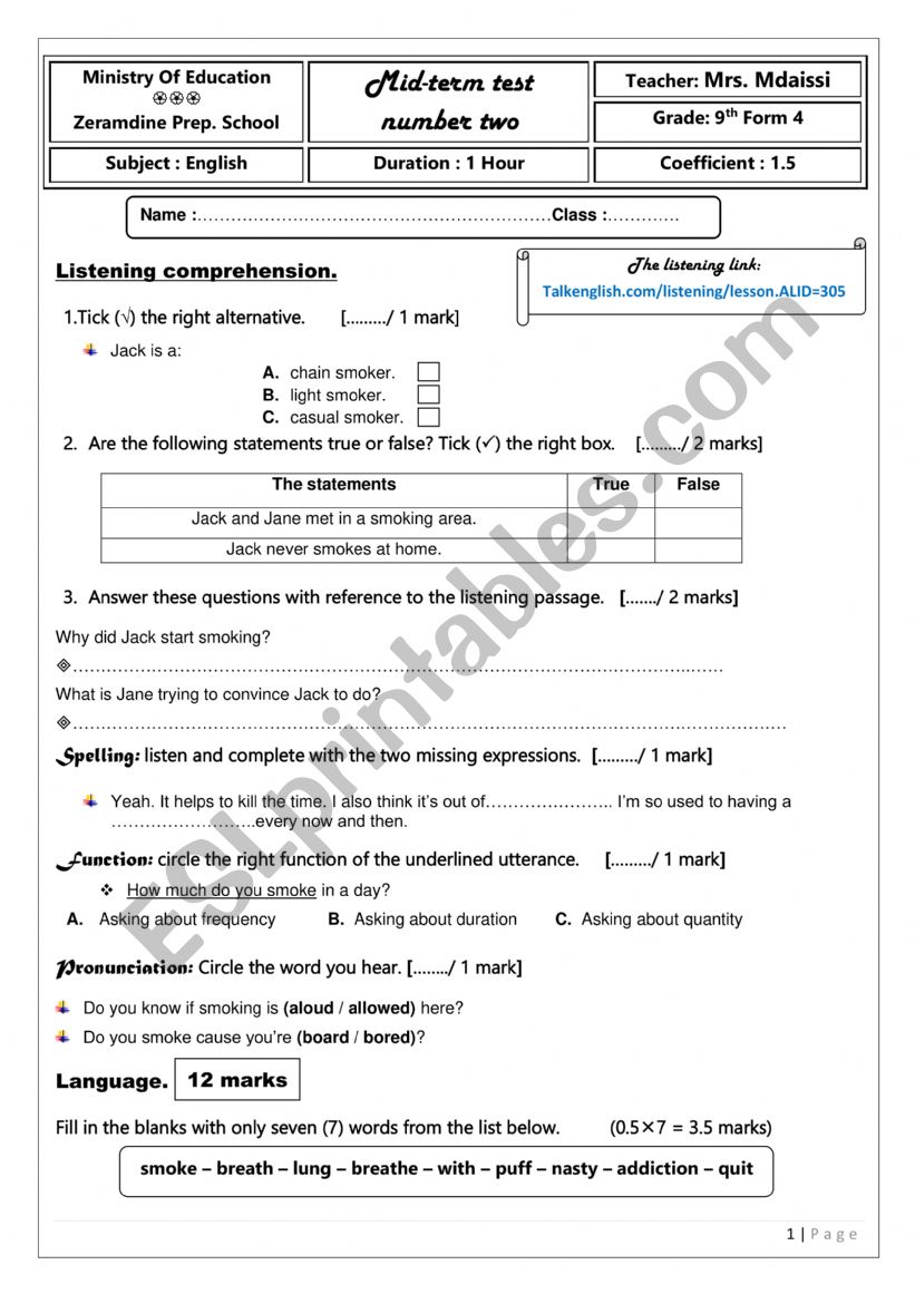 9th form exam  worksheet