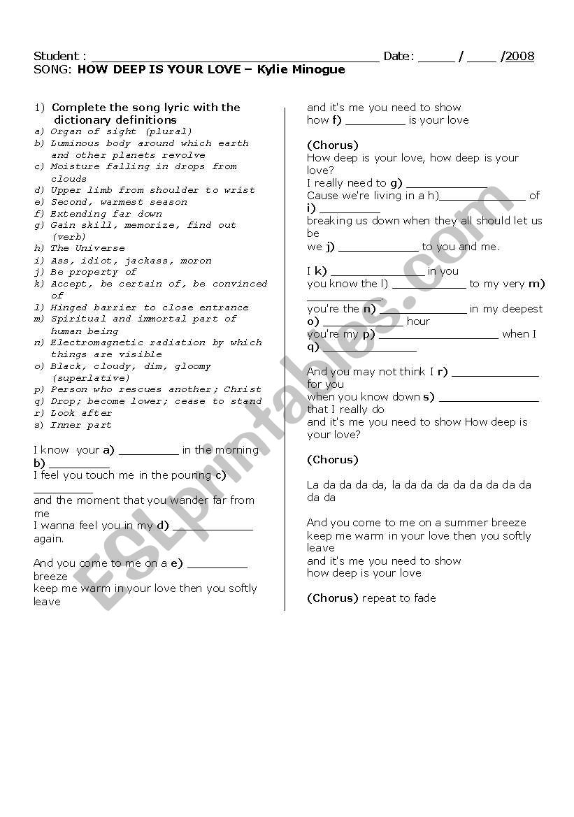 How Deep is your love worksheet