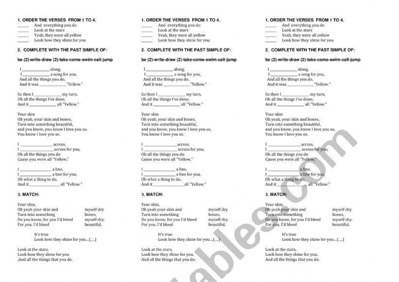 Yellow by Coldplay (song worksheet)