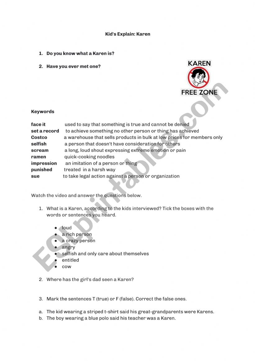 Kids Explain KarenÃ¯Â¿Â½s  worksheet