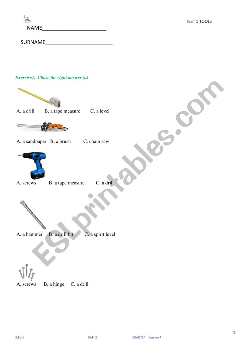 TOOLS  worksheet