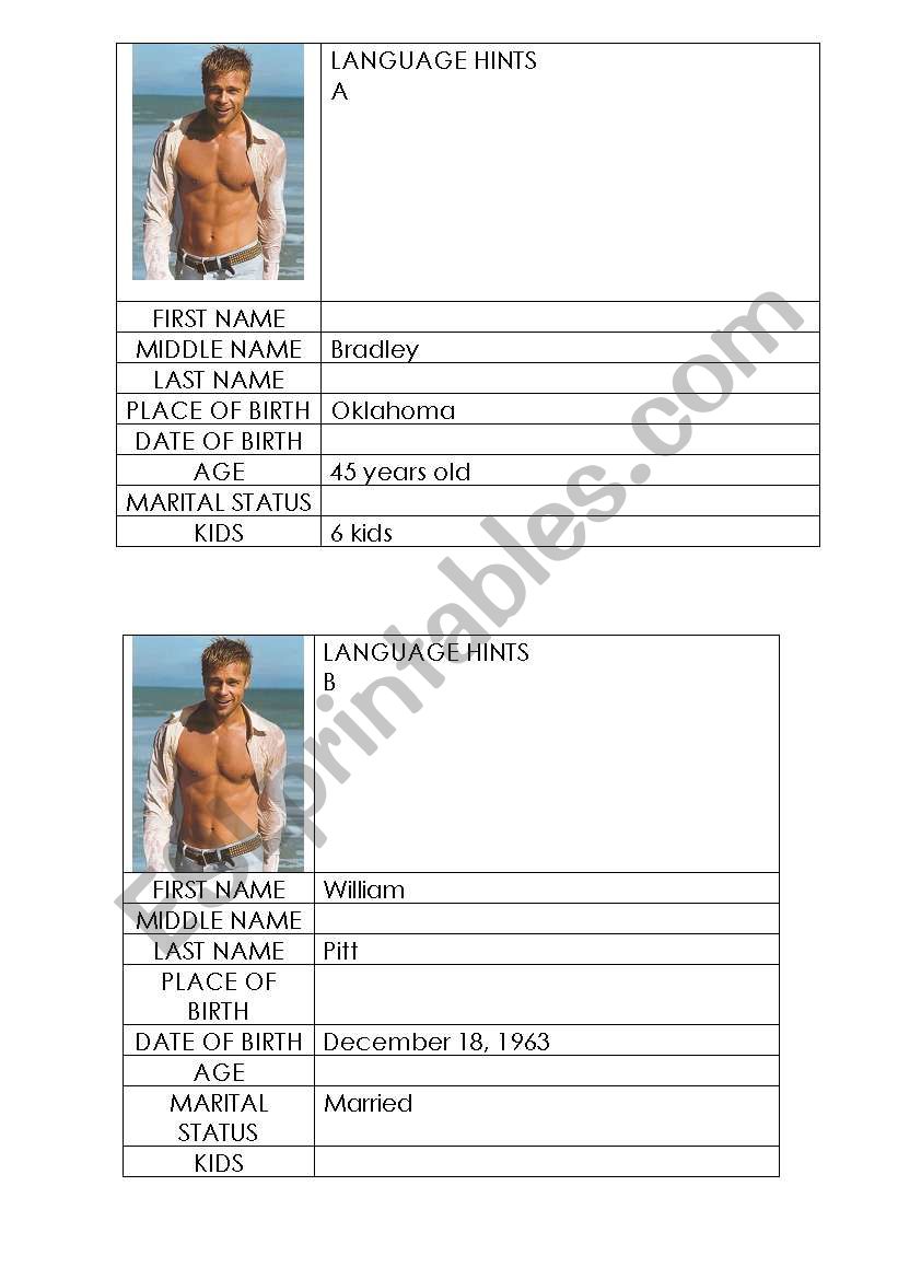 Personal Informatio worksheet