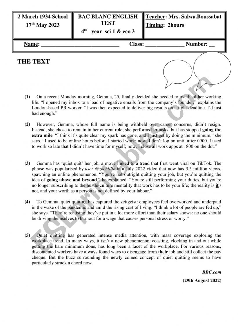 Bac Blanc (sciences) May 2023 worksheet
