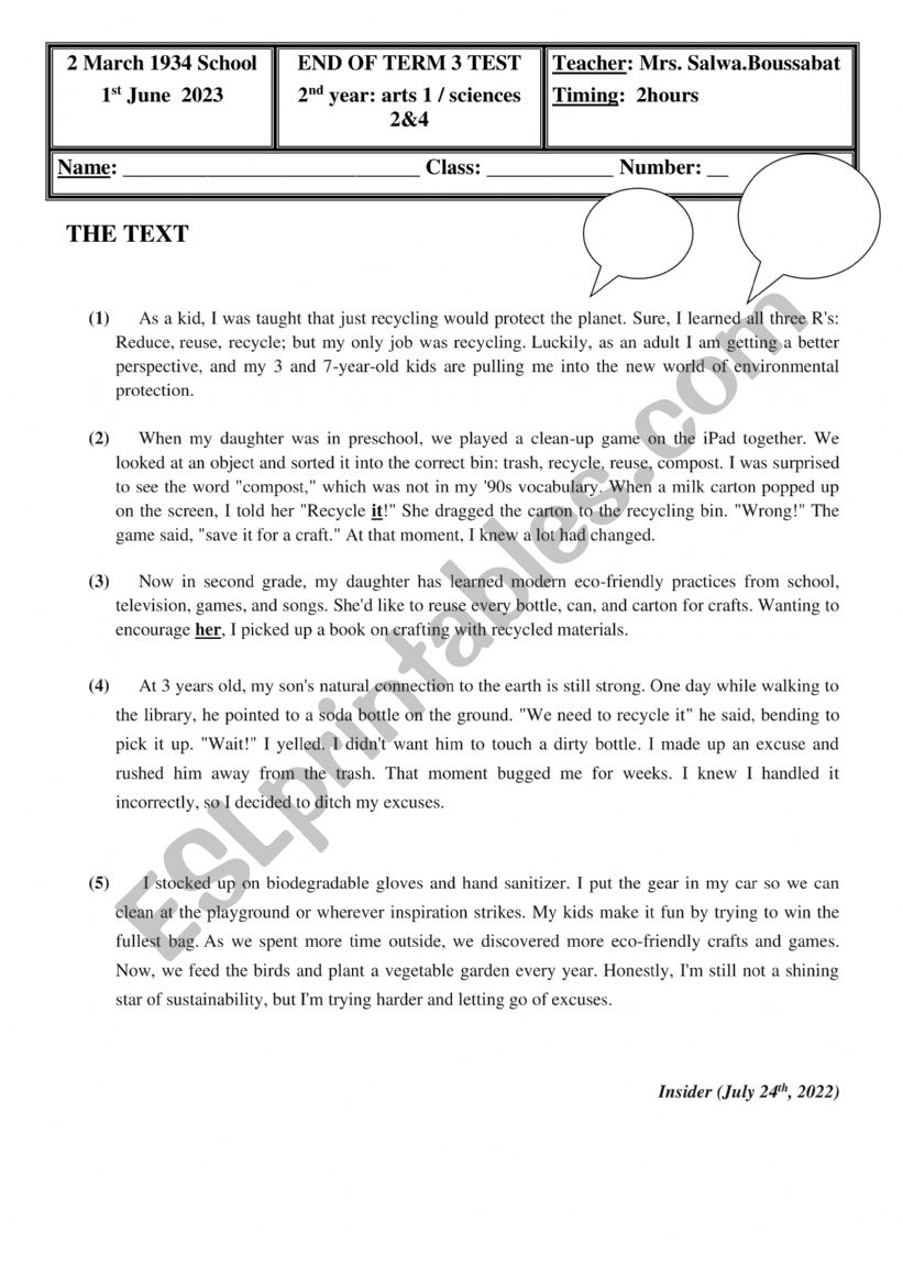 2nd Year End of Term 3 Test May 2023