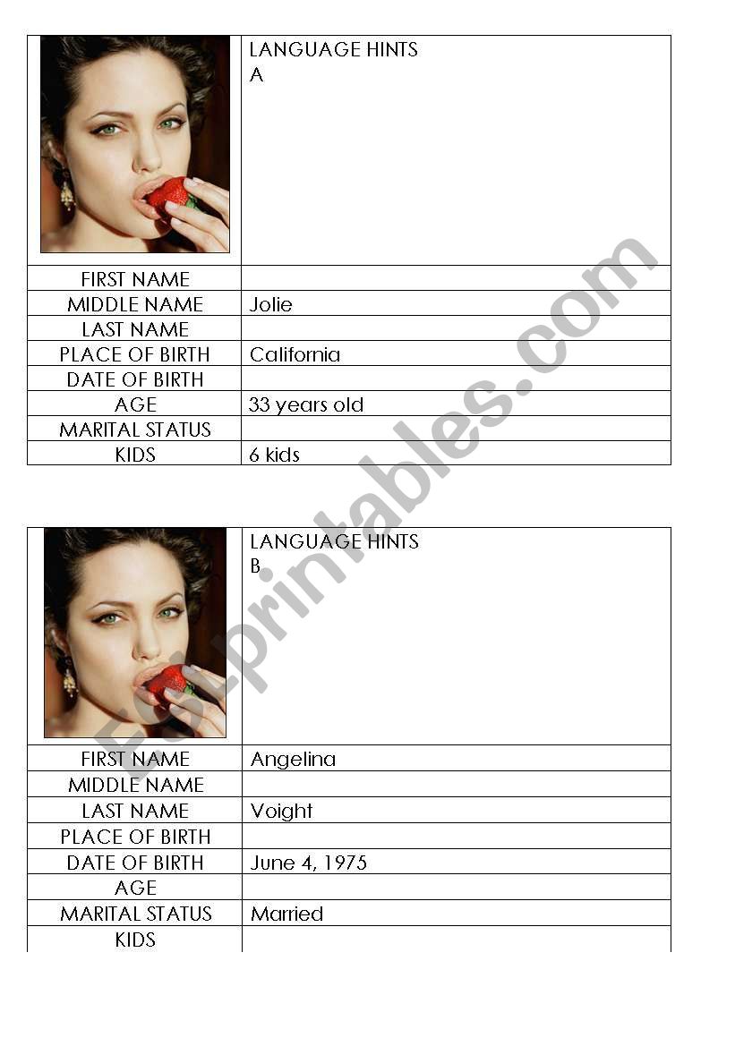 Personal Information worksheet