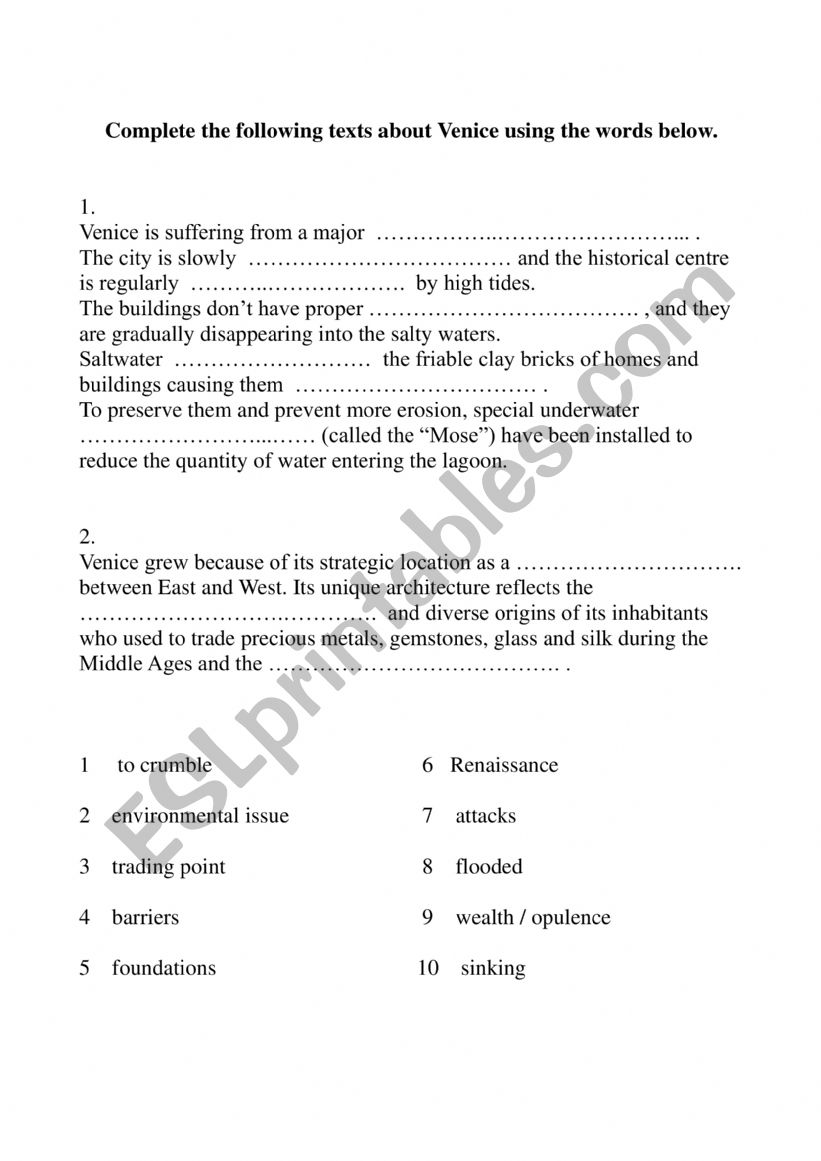 Venice in danger worksheet