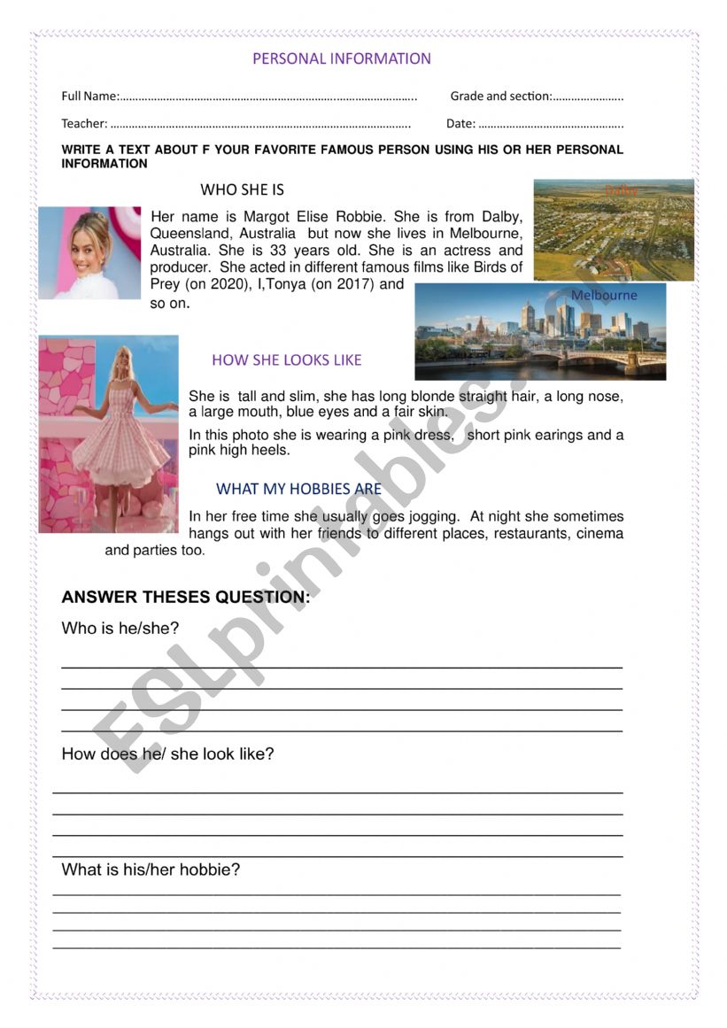 Personal Presentation worksheet