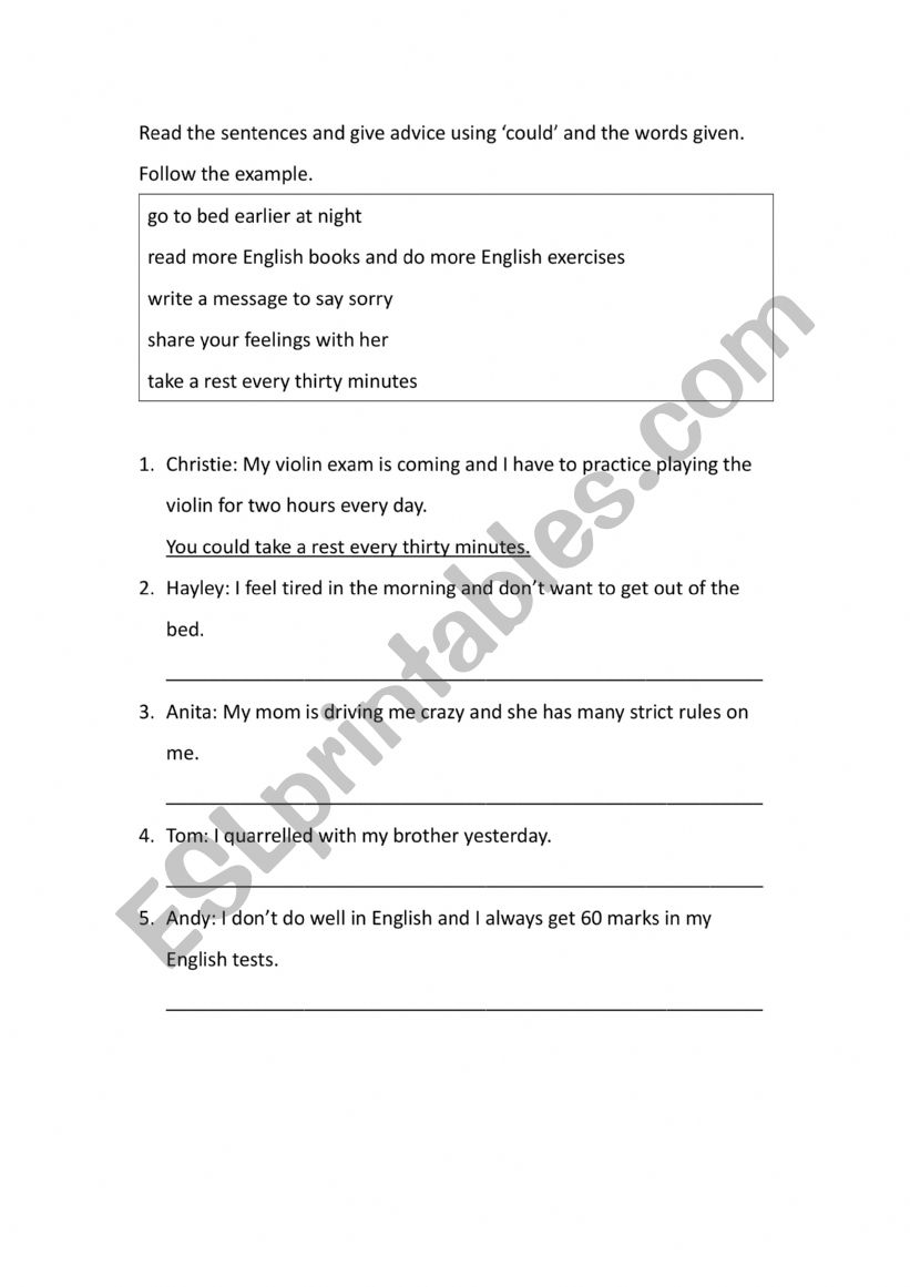 Using could to give advice worksheet