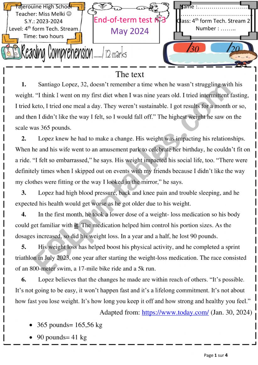 end of term test 4th form worksheet