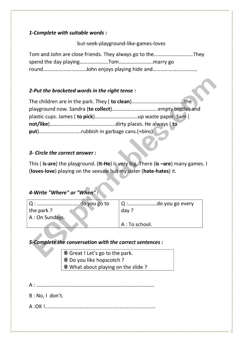 At the park worksheet