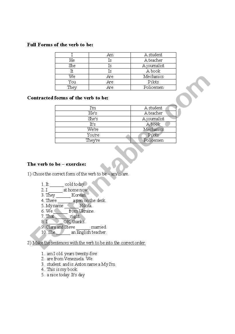 verb to be worksheet