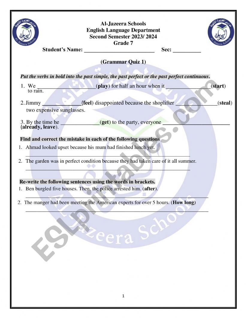 past perfect quiz worksheet