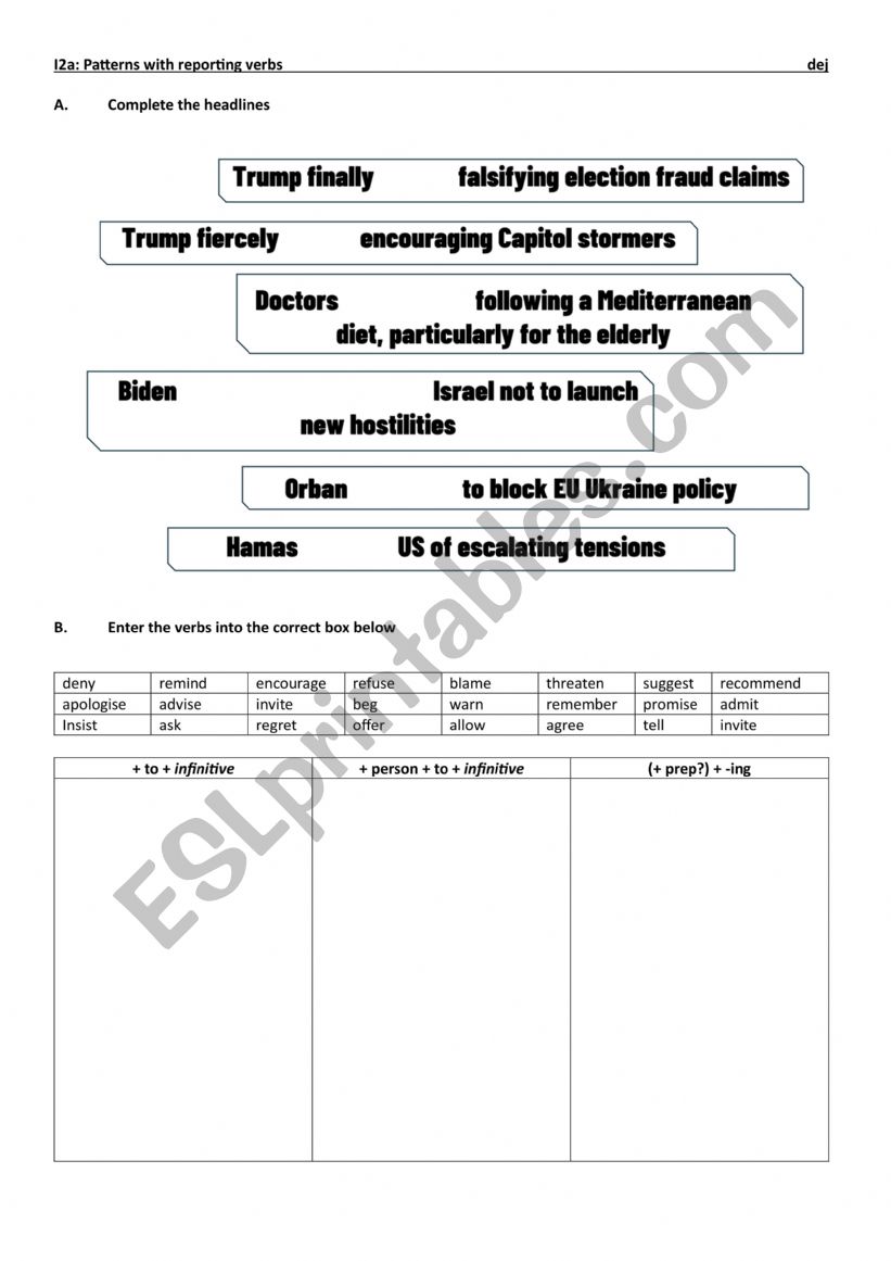 Verbs of reporting worksheet
