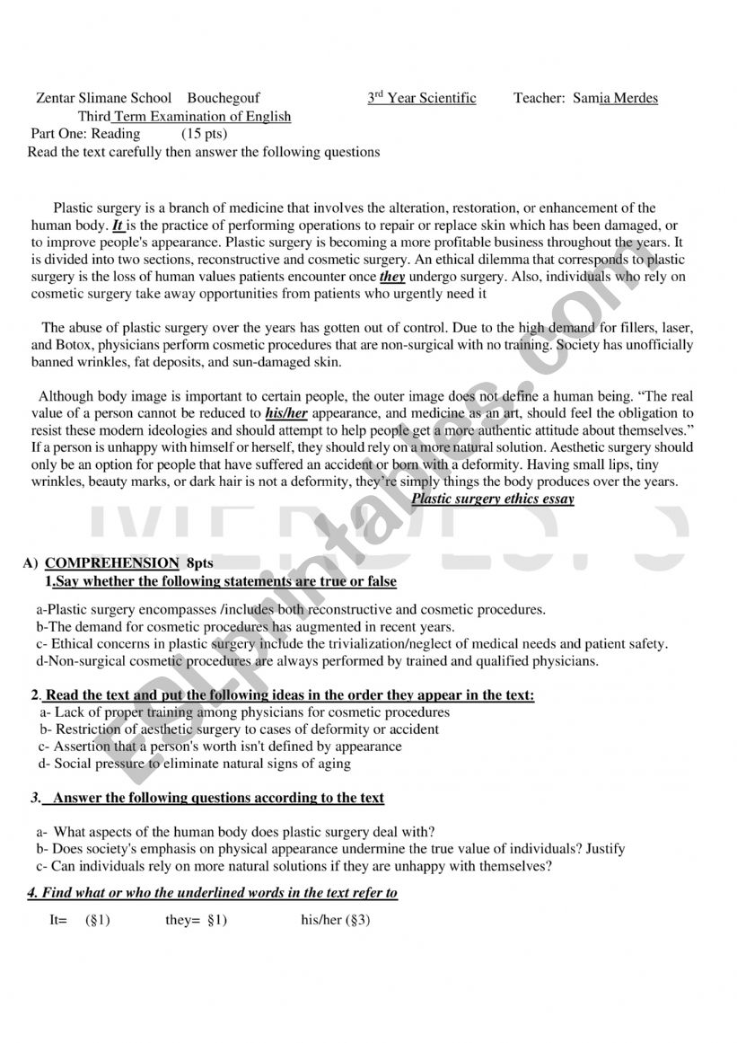 Plastic surgery ethics  worksheet
