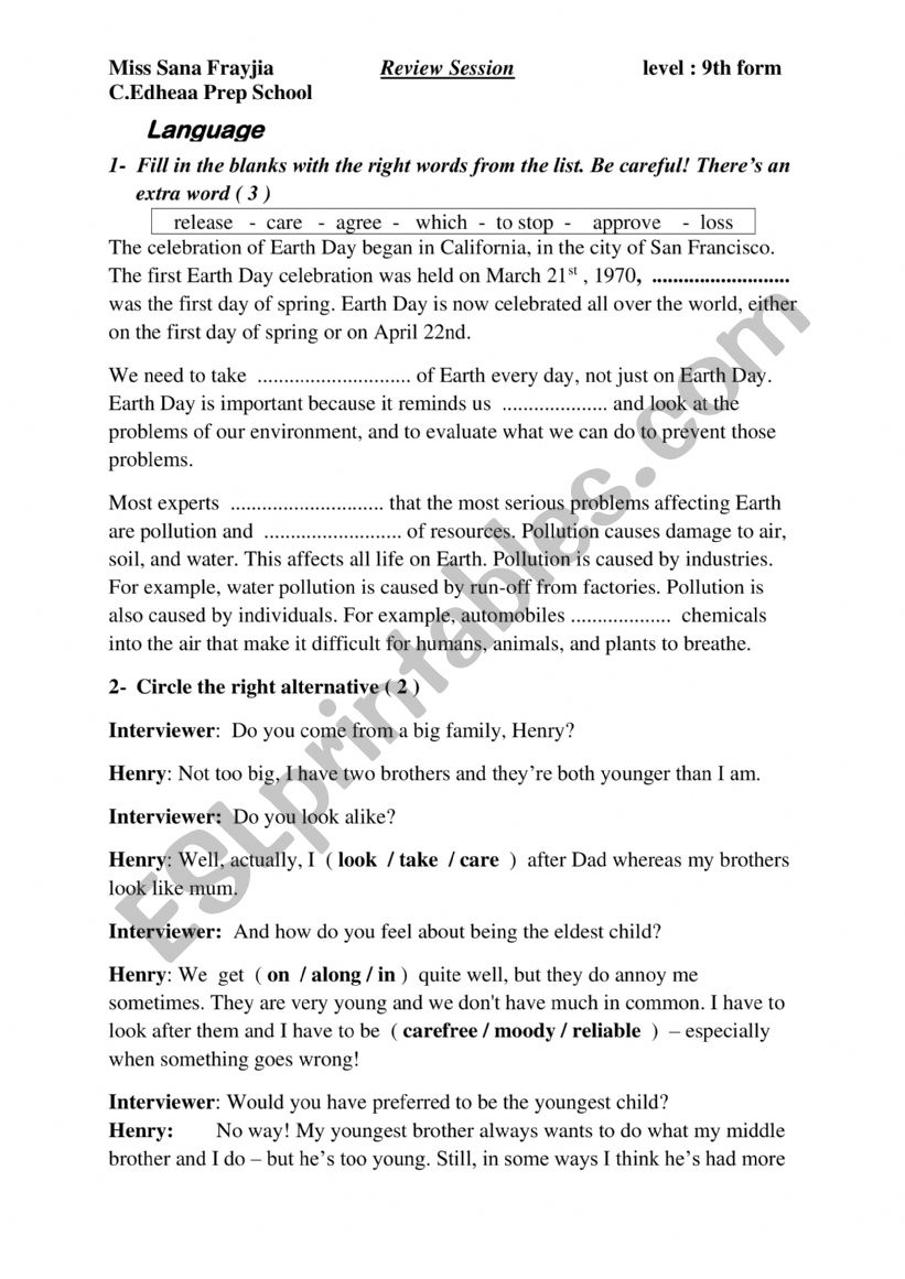 Review 9th Grade worksheet