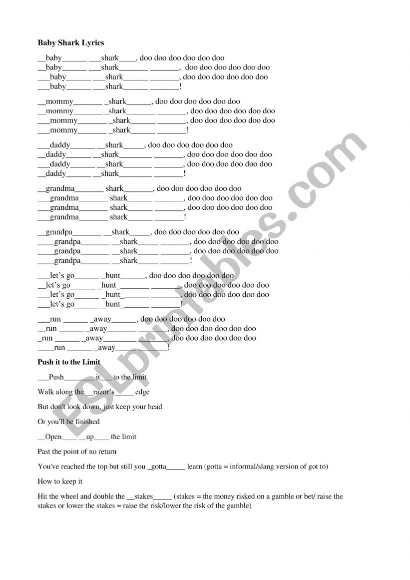 Baby Shark ESL Song Lesson worksheet
