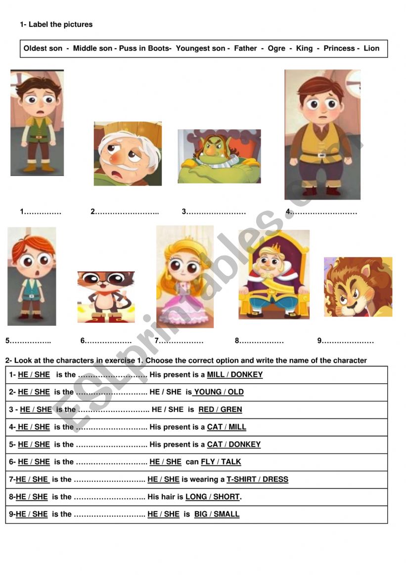 Puss in boots worksheet