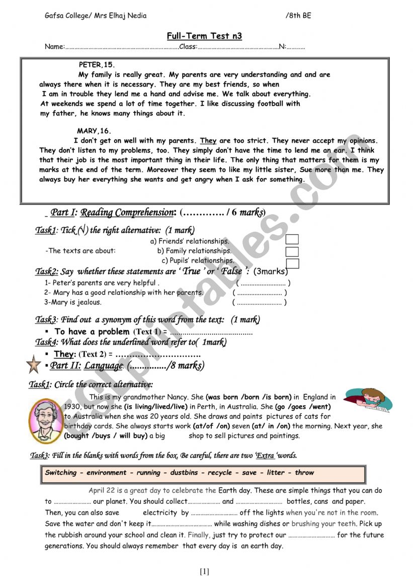 full term test 3 for 8th form BE Tunisian students
