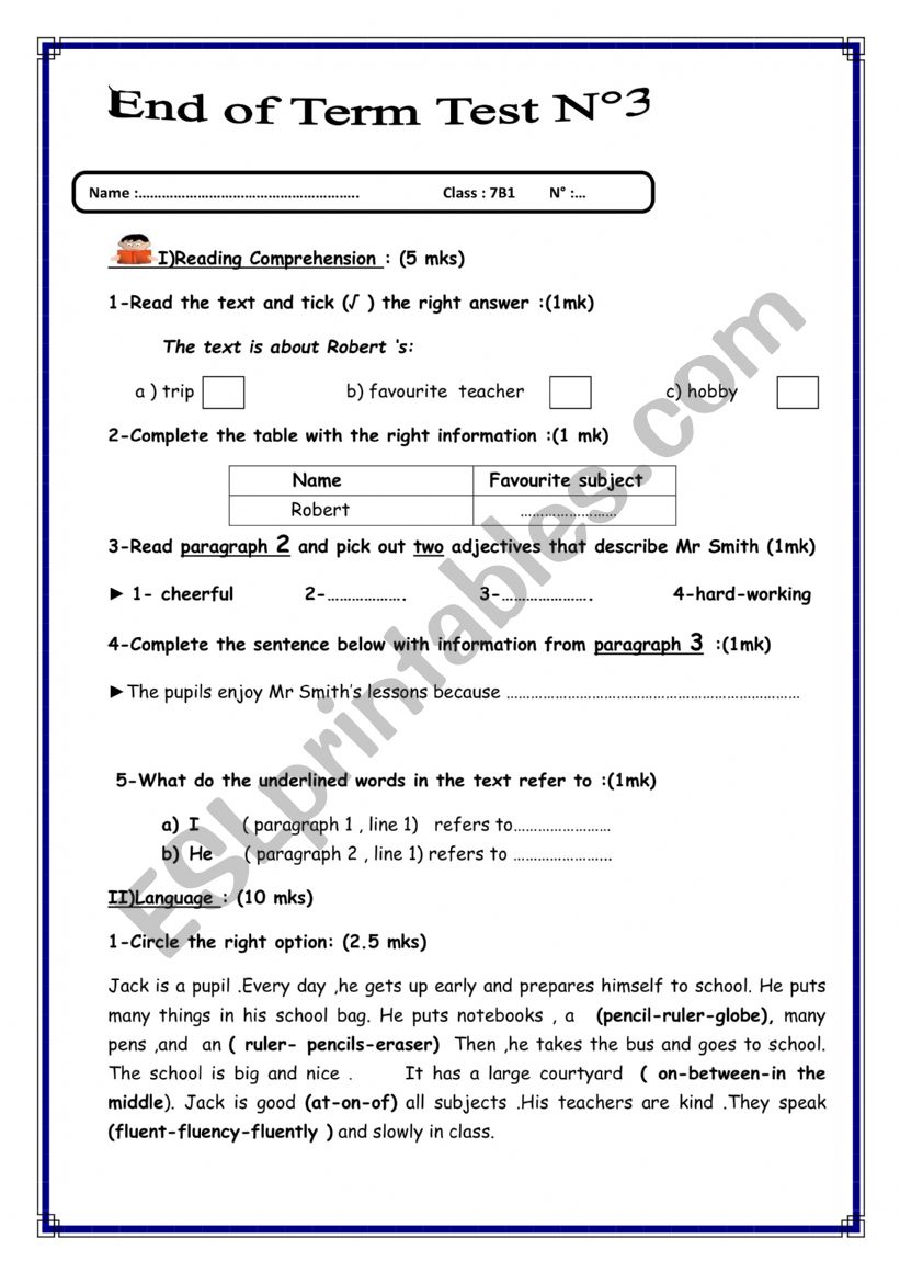 third term 7th worksheet