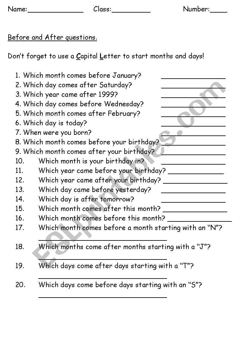 Before and After worksheet