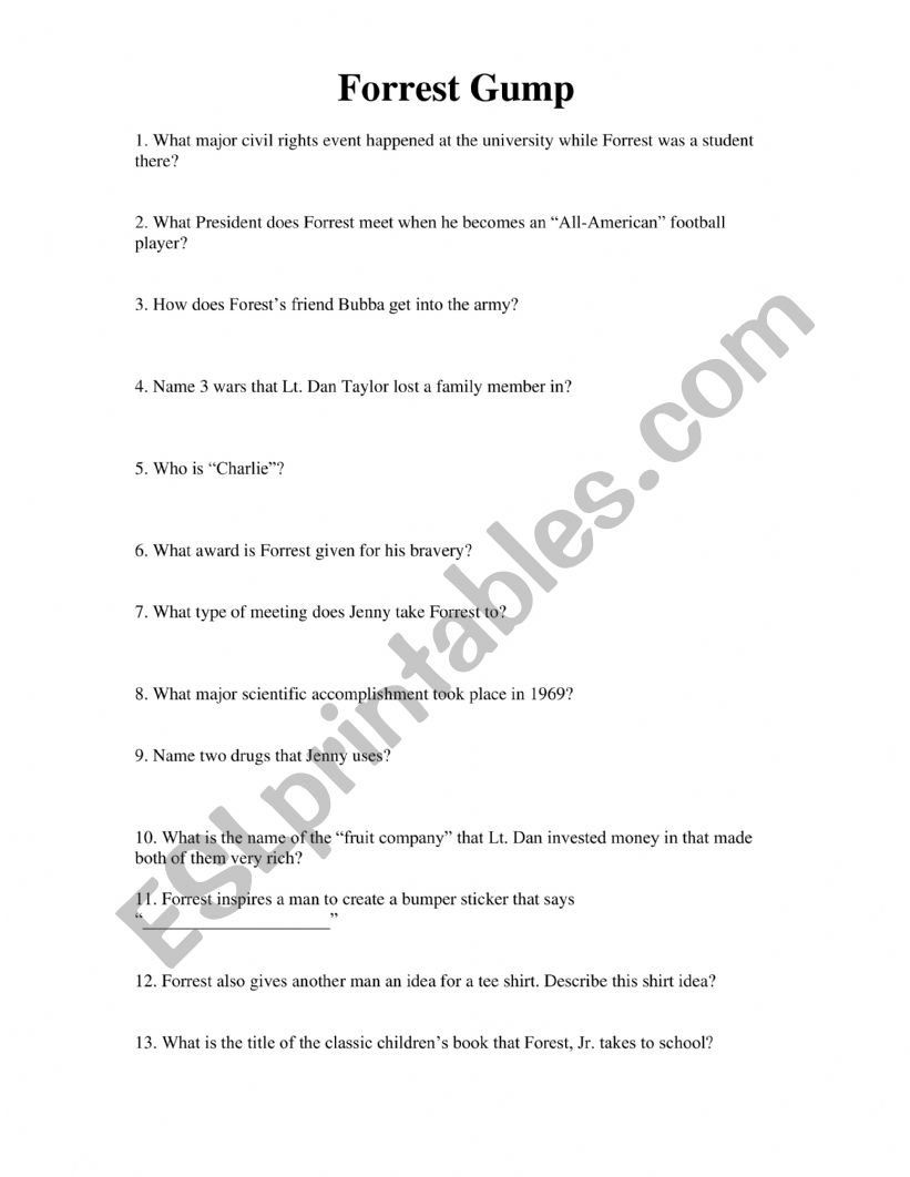 Forrest Gump Quiz worksheet