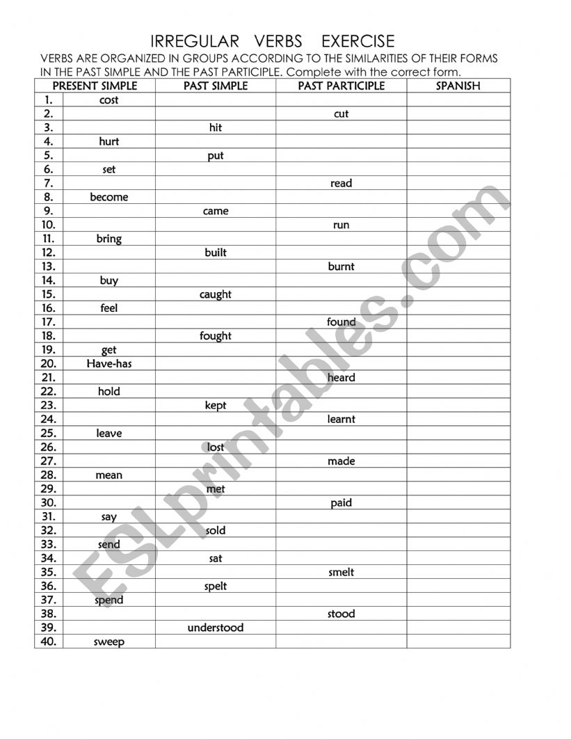 PRACTICE IRREGULAR VERBS worksheet