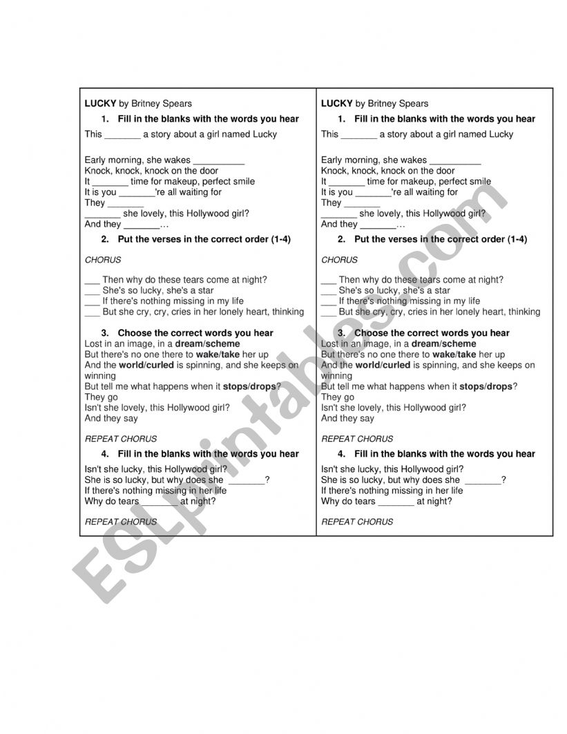 Lucky by Britney Spears worksheet