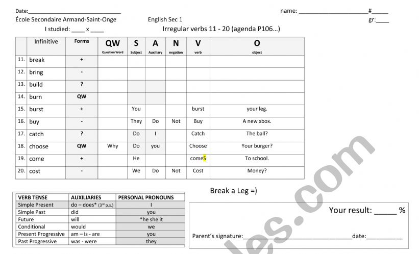 verb test 11-20 worksheet