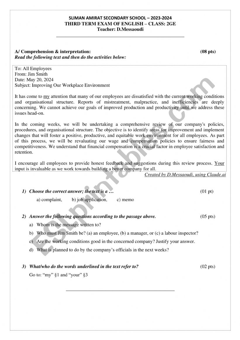Third Term Exam of English - 2GE