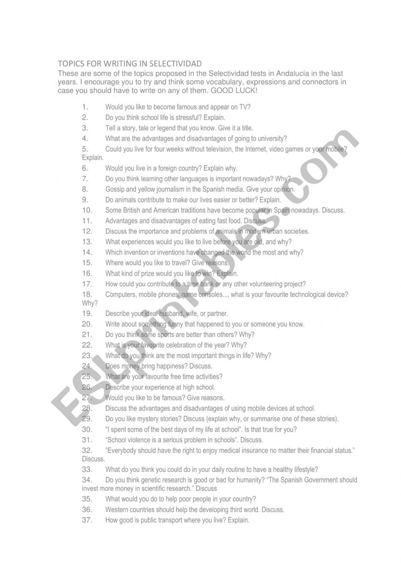 Topics for writing in Selectividad/ Ebau