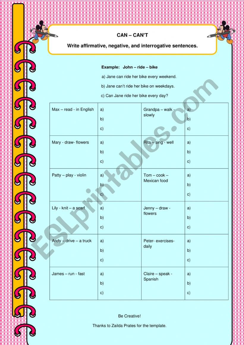 Can - Can�t Affirmative, negative and interrogative sentences Can - Can�t Affirmative, negative and interrogative sentences