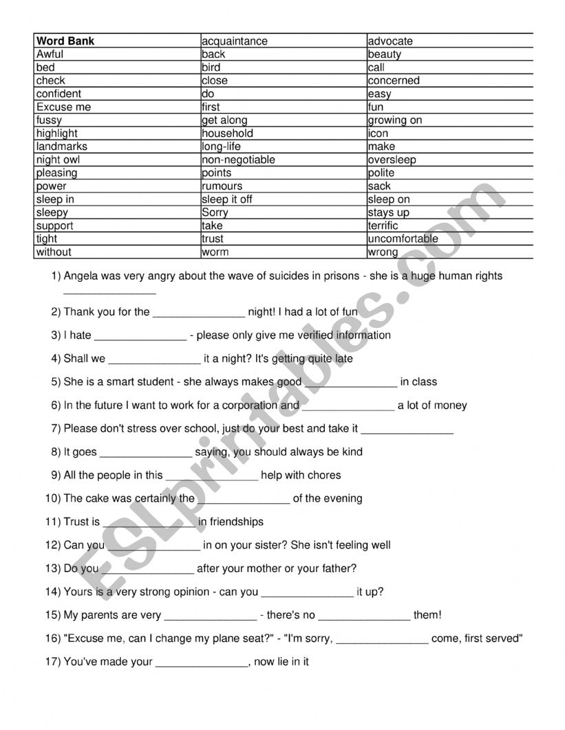 FILL IN THE GAPS - PHRASAL VERBS, IDIOMS, AND VOCABULARY