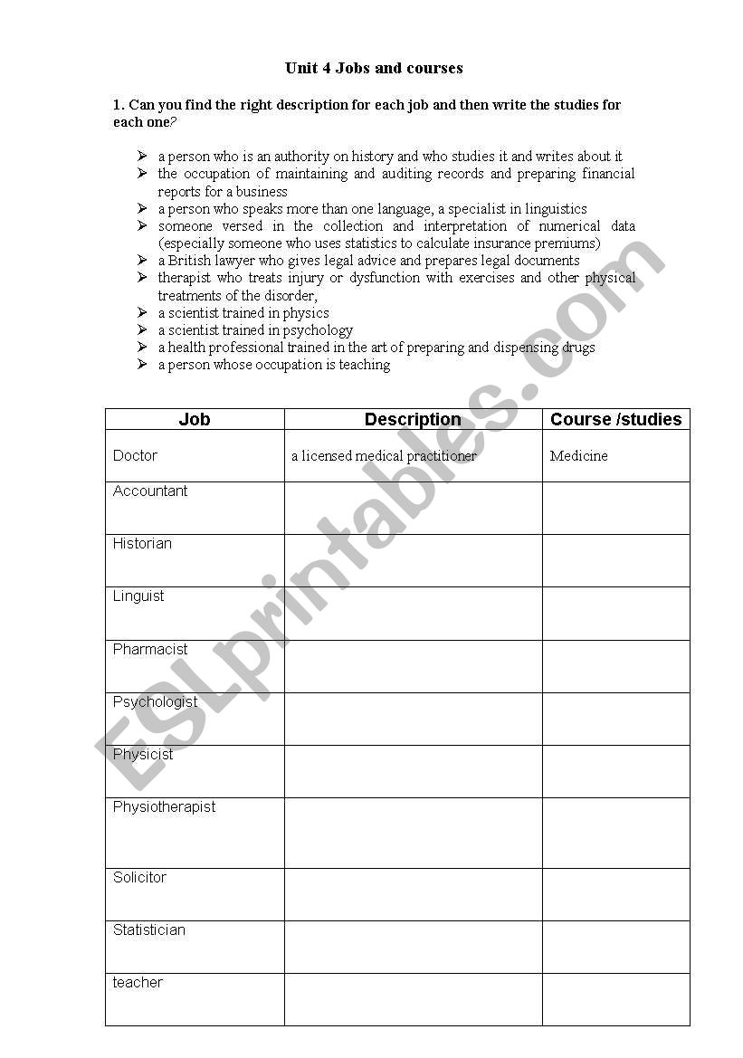 Jobs and courses worksheet