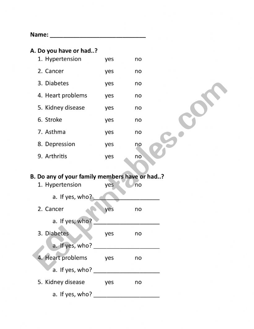 Medical History Form worksheet