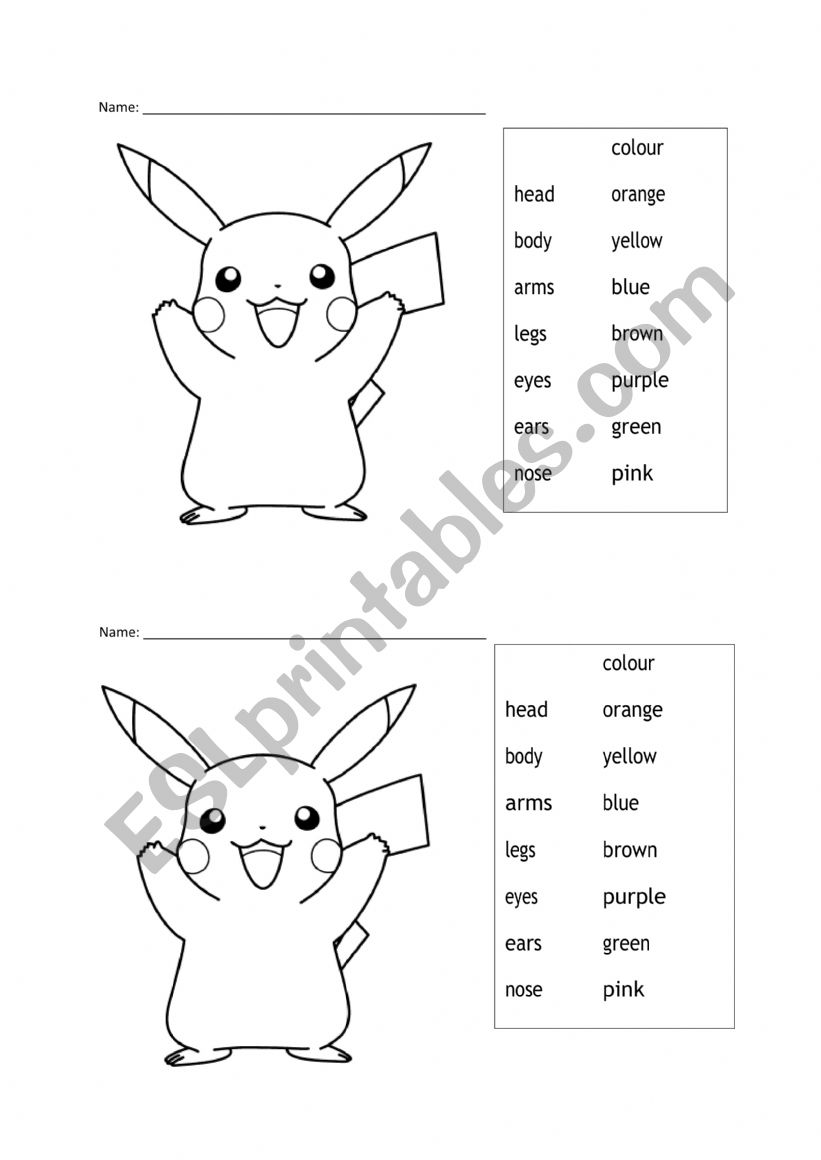 Pikatchu - body colour worksheet