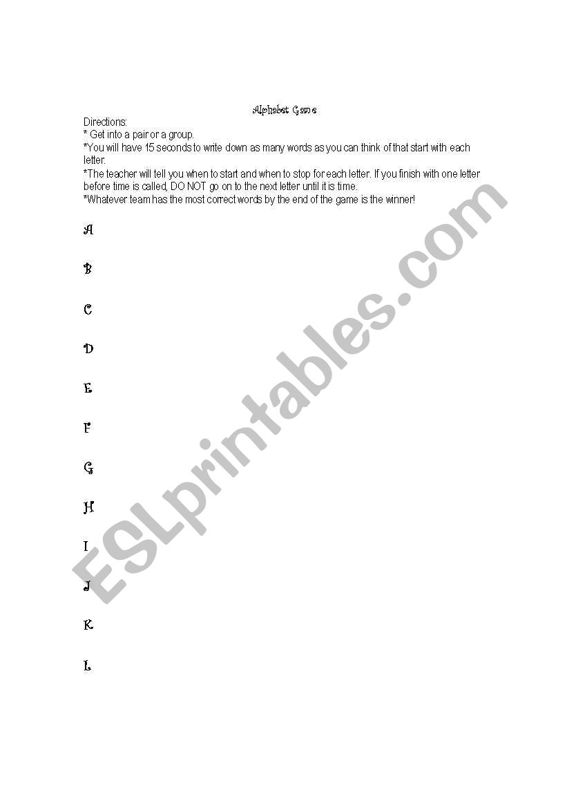 Alphabet Game Handout worksheet