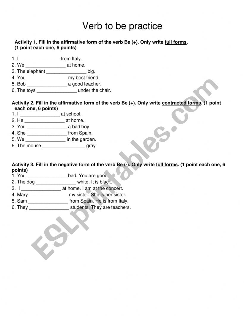 Verb to be worksheet