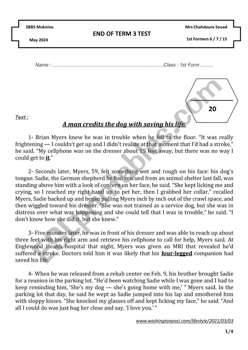 End Term 3 Test 1st Form Tunisian program