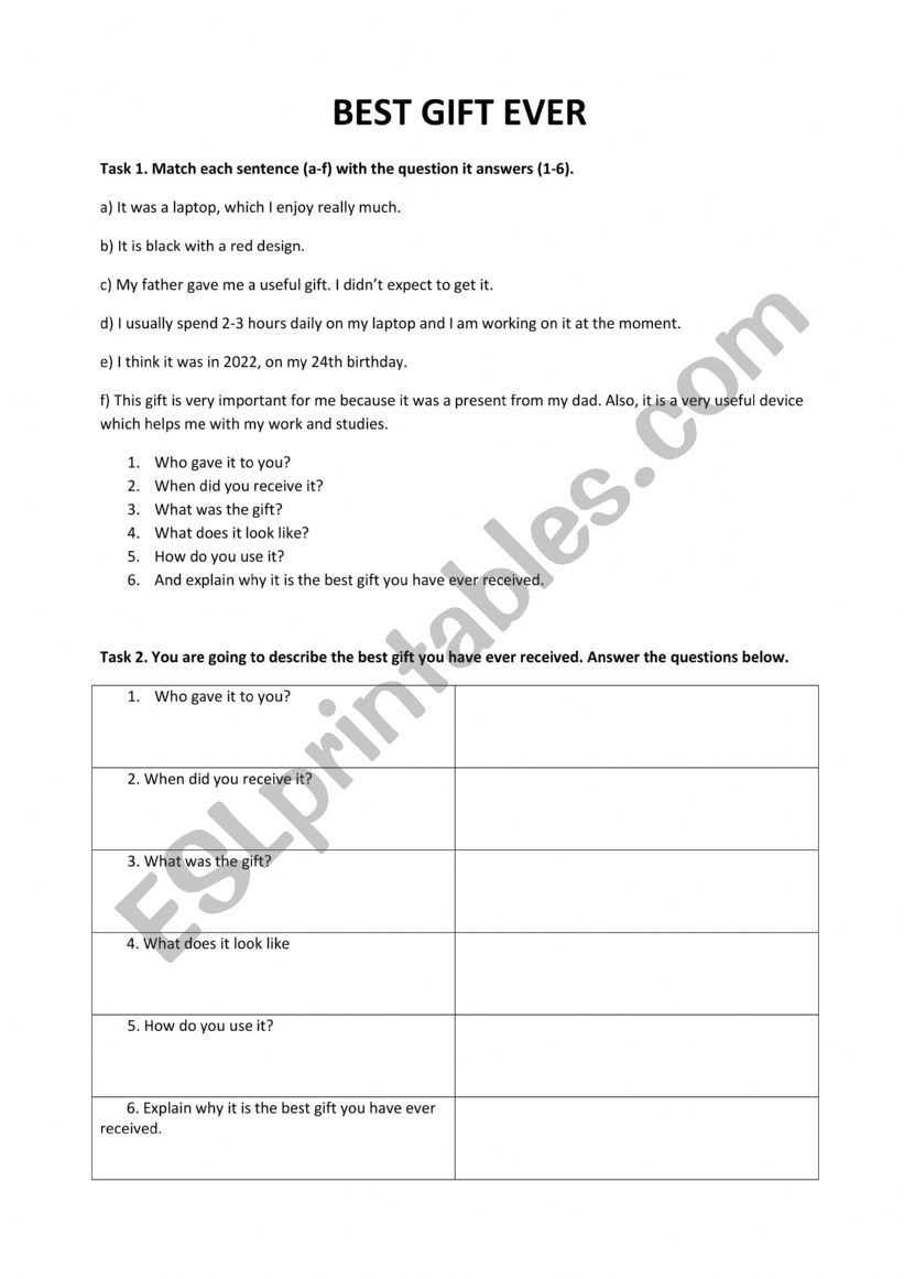MY BEST GIFT EVER  worksheet
