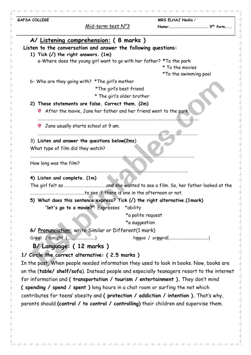 MID TERM TEST N 3 9TH FORM TUNISIAN STUDENTS