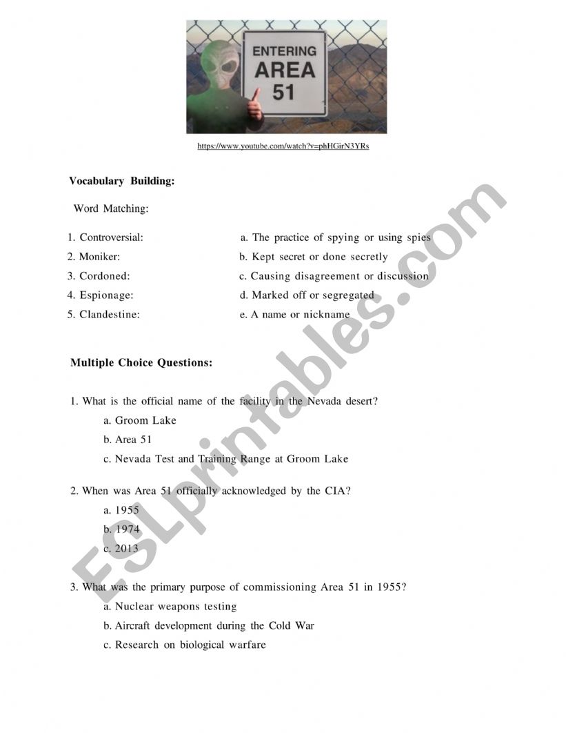 Area 51 - A History of Secrets and Conspiracy Theories - WORKSHEET
