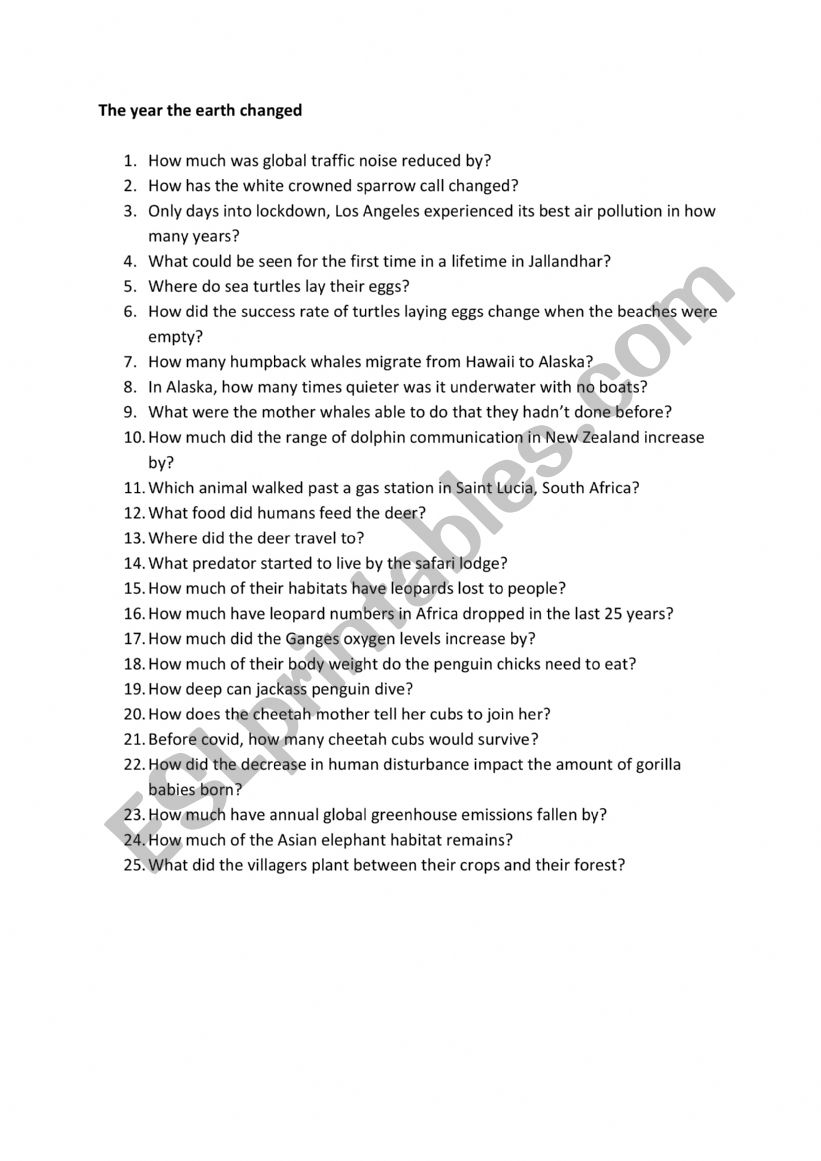 The year the earth stopped worksheet
