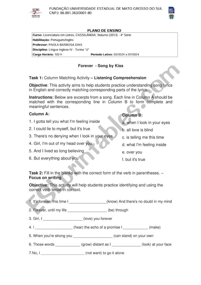Rock Band Kiss - Song Forever worksheet