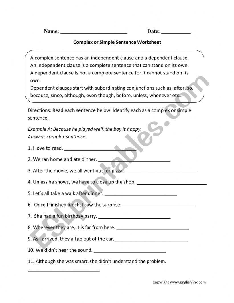types of sentences worksheet