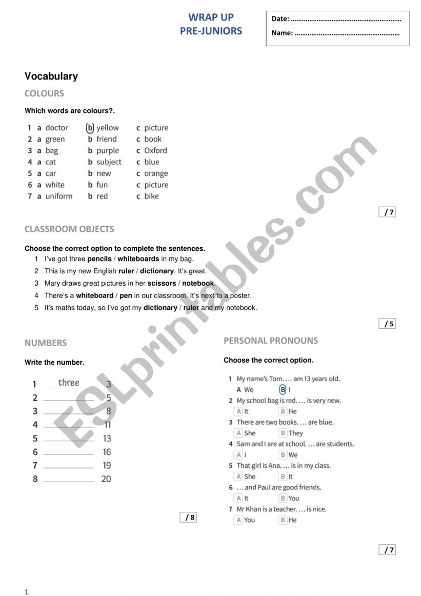 PRE JUNIORS EXAM worksheet