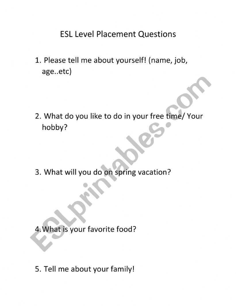 ESL level placement test  worksheet