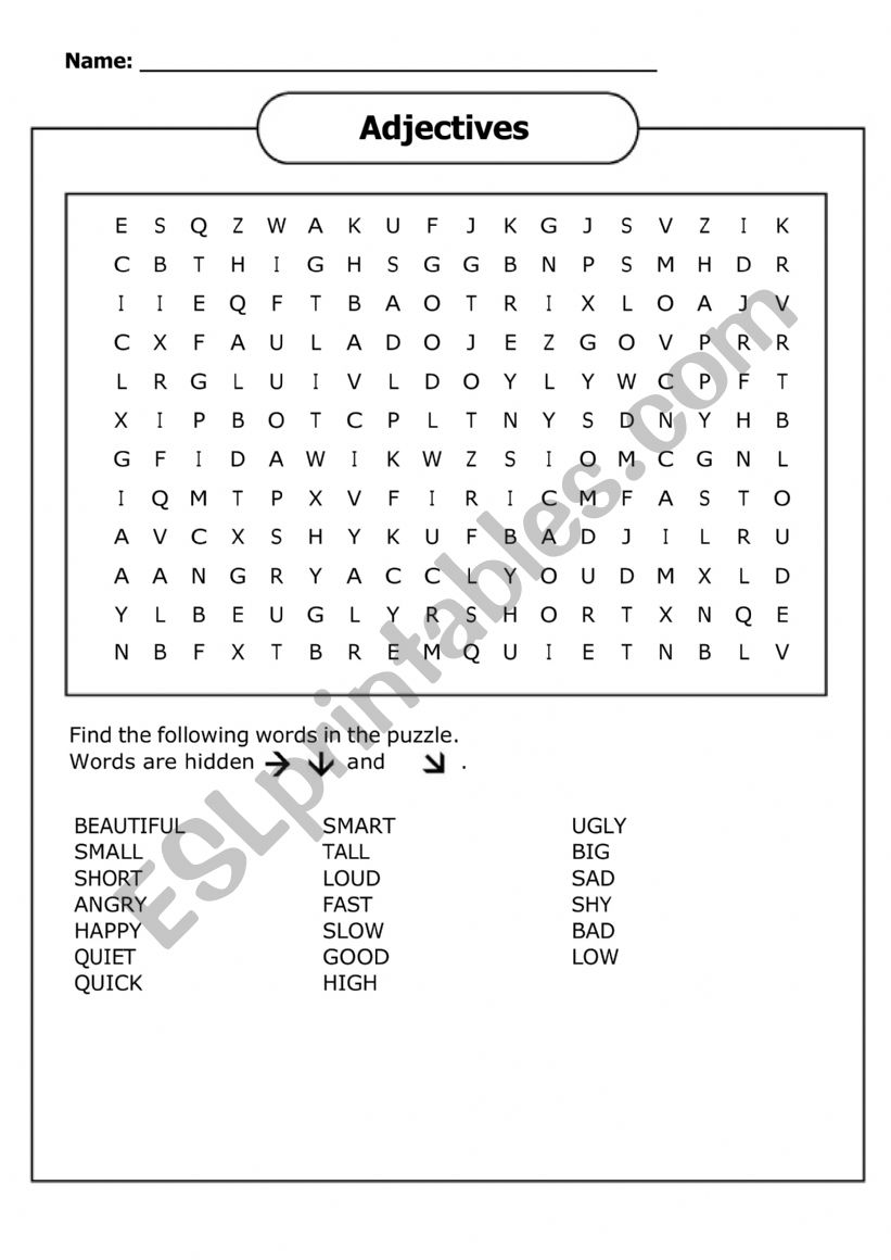 Adjectives Word Search worksheet
