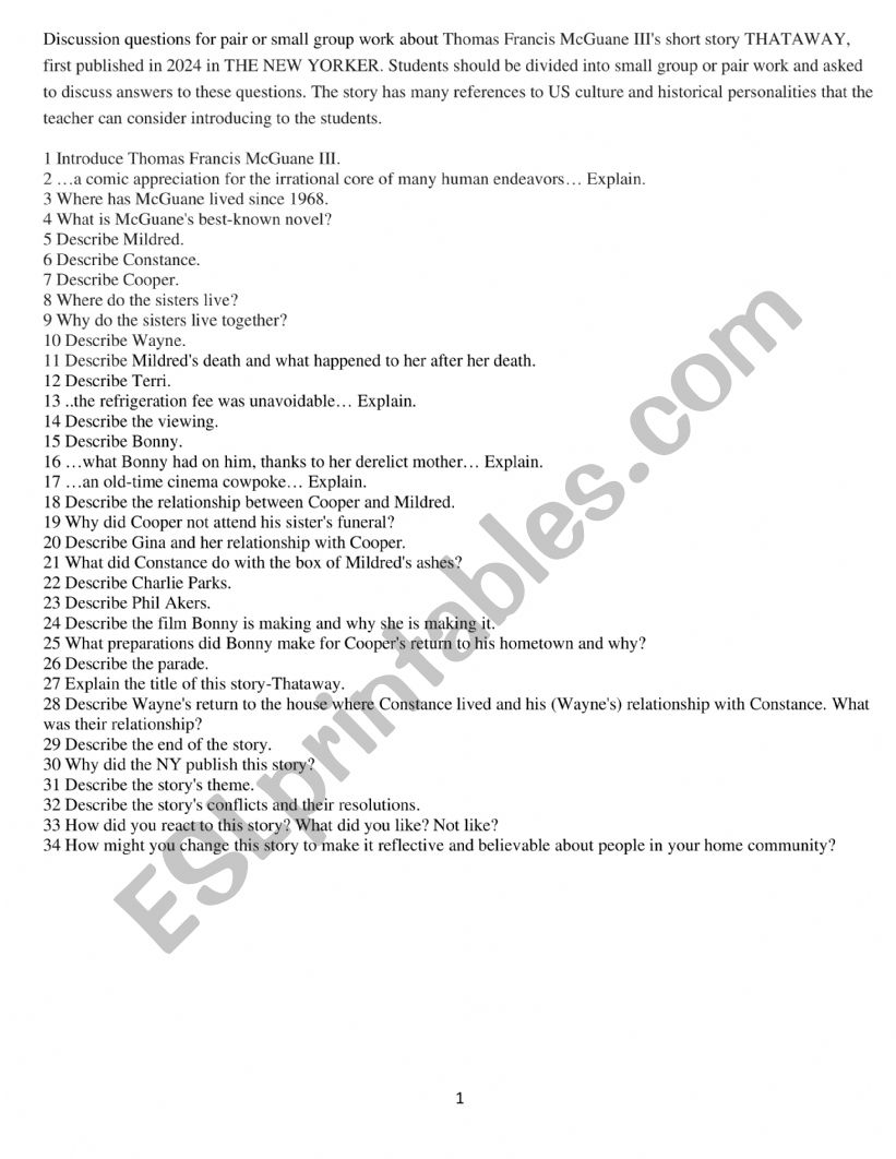 Reading, listening, speaking exercises about the New Yorker story THATAWAY