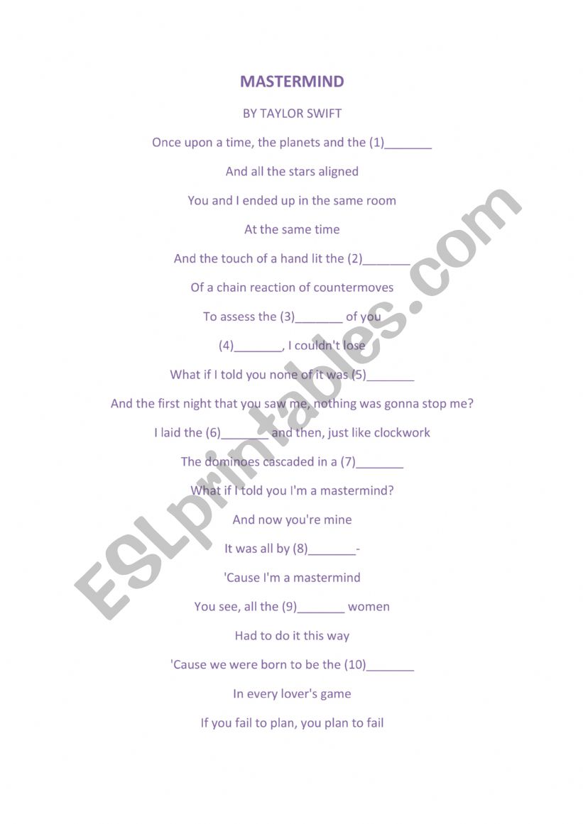 MASTERMIND by Taylor Swift worksheet