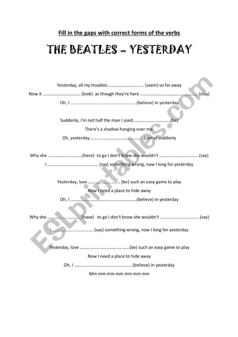 THE BEATLES â€“ YESTERDAY worksheet